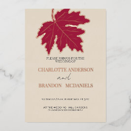 Invitación Con Relieve Metalizado Oro Rosa Boda de la hoja de arce de otoño roja