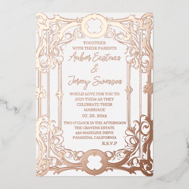 Invitación Con Relieve Metalizado oro rosa boda elegante y romántico (Anverso)