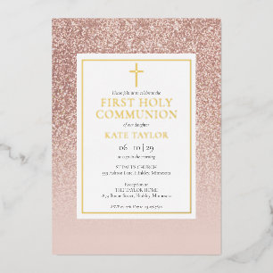 Invitación Con Relieve Metalizado Oro Rosa Brillante Primera Comunión Dorada