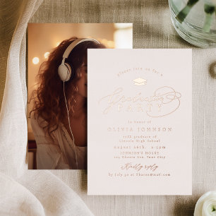 Invitación Con Relieve Metalizado Oro Rosa Caligrafía Moderna Foto Graduación