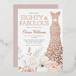 Invitación Con Relieve Metalizado Oro Rosa de la Fiesta del Cumpleaños 80 y fabuloso