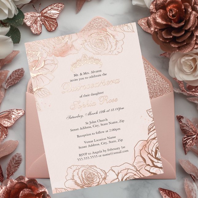 Invitación Con Relieve Metalizado Oro Rosa floral rosa Quinceanera (Subido por el creador)