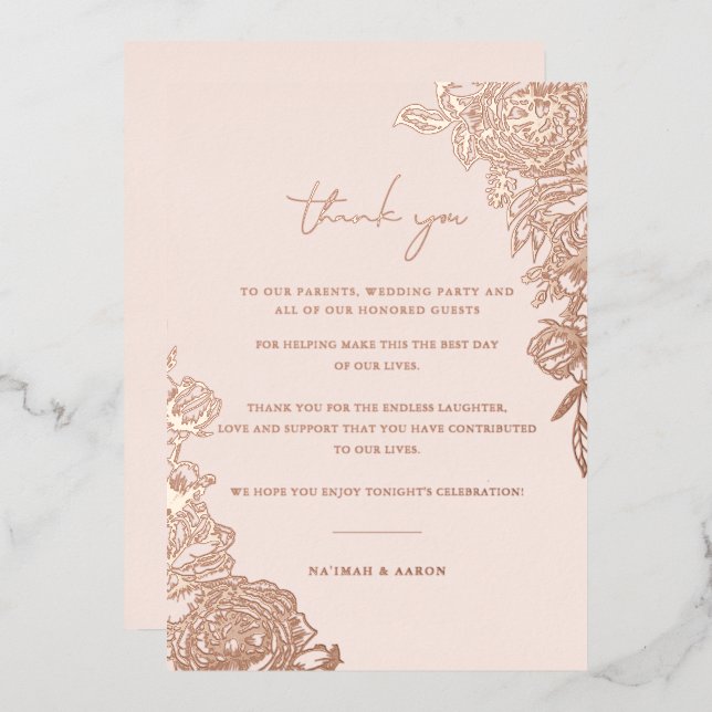 Invitación Con Relieve Metalizado Oro rosa | Mesa Boda Gracias (Anverso/Reverso)