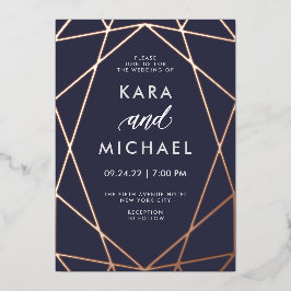 Invitación Con Relieve Metalizado Oro Rosa moderno minimalista sobre azul oscuro | B