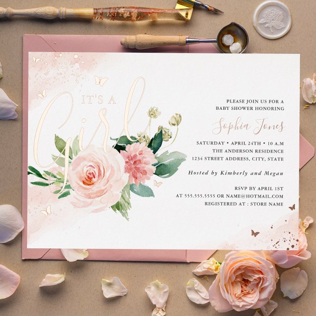 Invitación Con Relieve Metalizado Oro rosa rosa es un Baby Shower Chica (Subido por el creador)