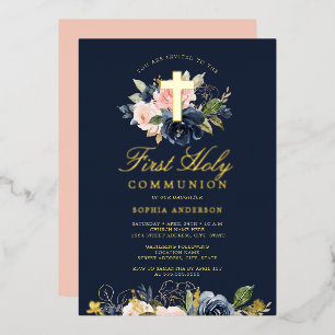 Invitación Con Relieve Metalizado Oro Rosa Rubor Azul Marino Floral Niñas Primera Co
