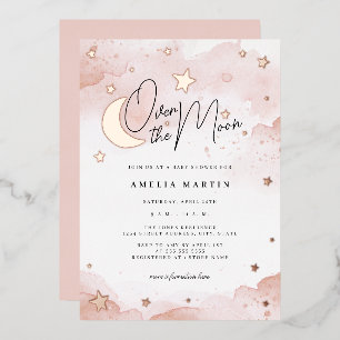 Invitación Con Relieve Metalizado Oro Rosa sobre la luna Baby Shower