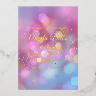 Invitación Con Relieve Metalizado Oro Rosa y Bokeh Azul Cumpleaños 50