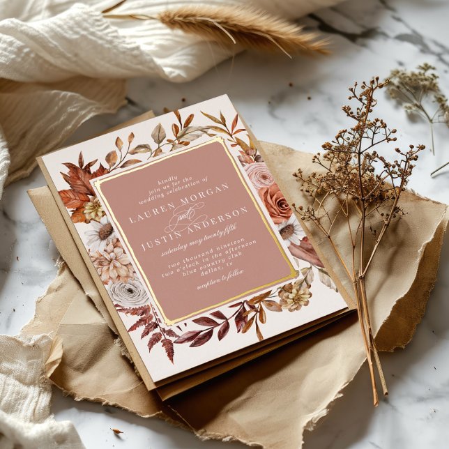 Invitación Con Relieve Metalizado Oro ruso Boda floral otoñal (Subido por el creador)