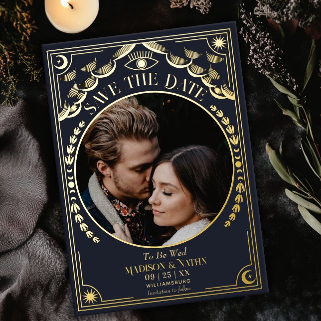 Invitación Con Relieve Metalizado Oro Tarot Boda gótico Foto Guardar fecha (Subido por el creador)