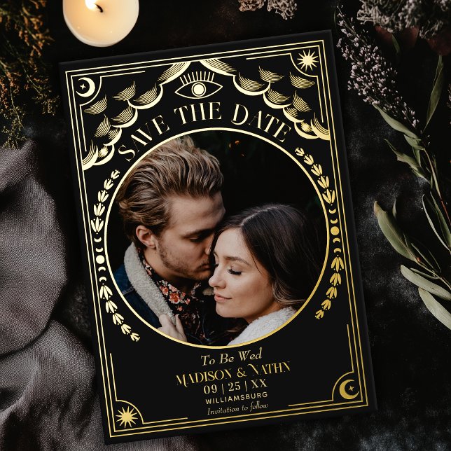 Invitación Con Relieve Metalizado Oro Tarot Boda gótico Foto Guardar fecha (Subido por el creador)