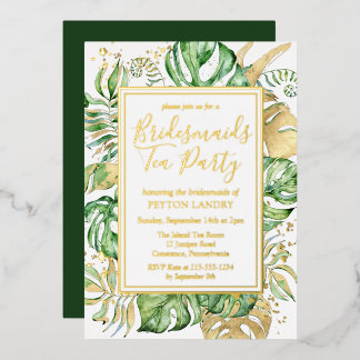 Invitación Con Relieve Metalizado Oro tropical y Fiesta del té de las damas de honor