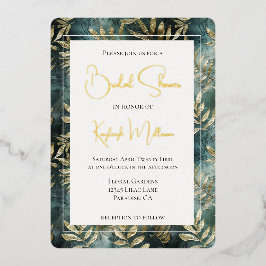 Invitación Con Relieve Metalizado Oro verde forestal Tropical deja ducha de novia