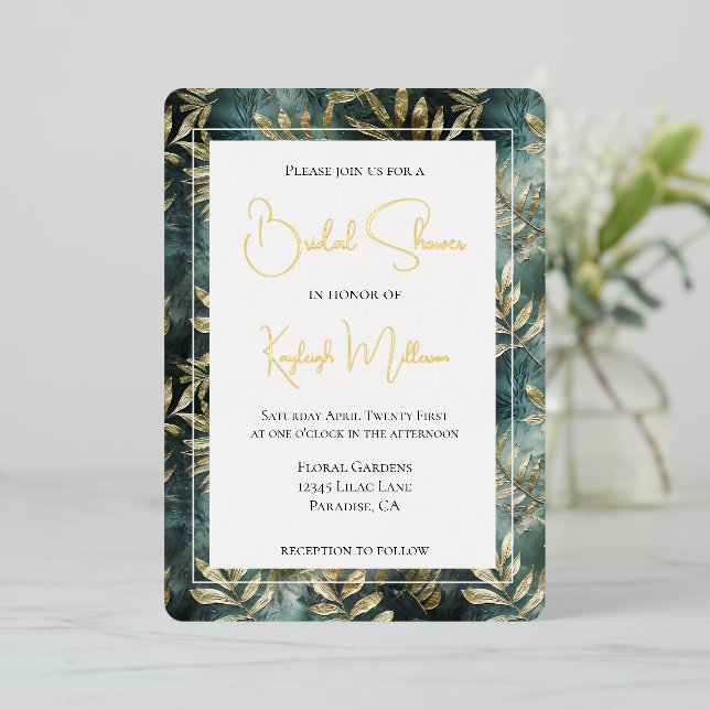 Invitación Con Relieve Metalizado Oro verde forestal Tropical deja ducha de novia (Anverso de pie)