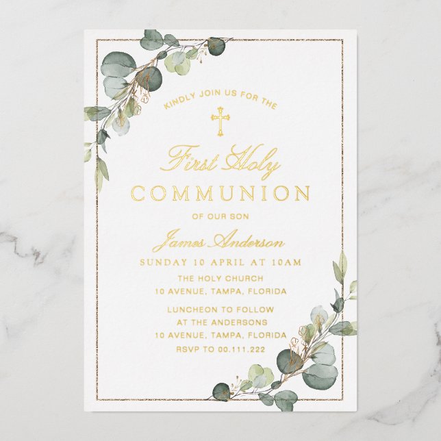 Invitación Con Relieve Metalizado oro verde primera comunión sagrada (Anverso)