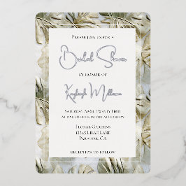 Invitación Con Relieve Metalizado Oro verde tropical blanco deja ducha de novia