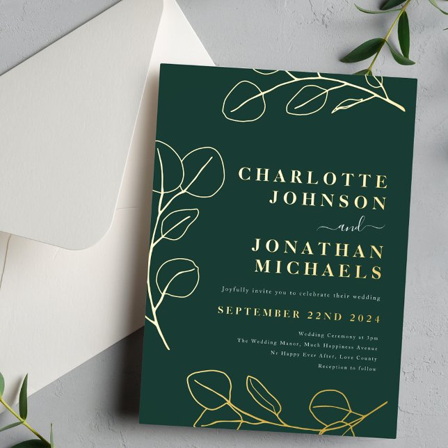 Invitación Con Relieve Metalizado Oro verde verde simple y moderno (Modern Simple leaf dark green gold foil wedding invitation with elegant typography script )