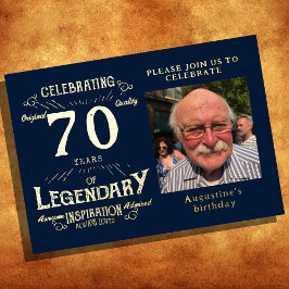 Invitación Con Relieve Metalizado Oro Vintage de los 70 Años Azul