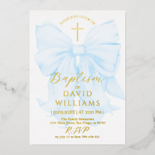 Invitación Con Relieve Metalizado Oro y Azul Lazo Niño Bautizo Elegante Digital