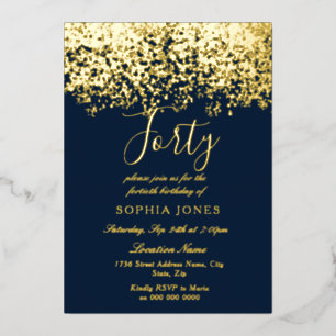 Invitación Con Relieve Metalizado Oro y azul marino Cumpleaños 40 de hombre mujer Fi