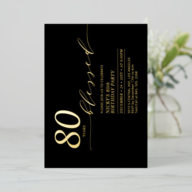 Invitación Con Relieve Metalizado Oro y negro 80 años amados 80 cumpleaños (Anverso de pie)