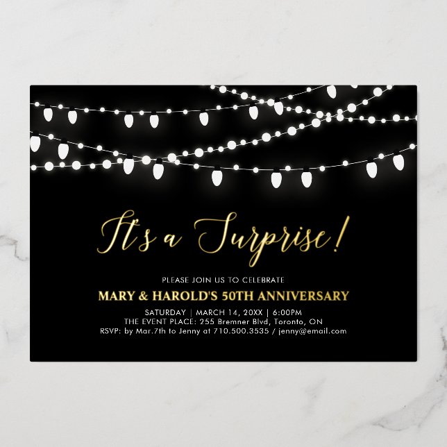 Invitación Con Relieve Metalizado Oro y negro | Sorpresa 50° aniversario Boda (Anverso)