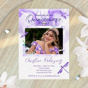 Invitación Con Relieve Metalizado Orquídea Acuarela Púrpura, Libélula Quinceañera