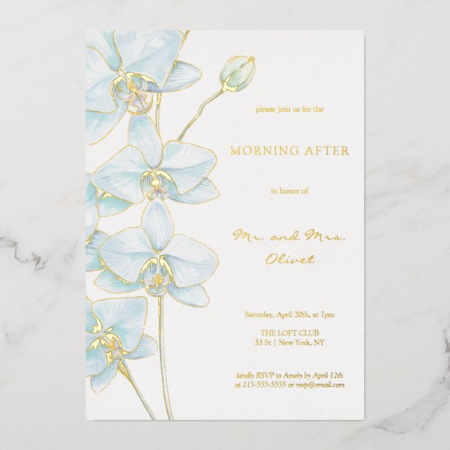 Invitación Con Relieve Metalizado Orquídea Azul Suave Después de la Mañana  (Anverso)