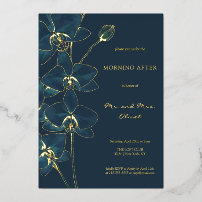 Invitación Con Relieve Metalizado Orquídea Azul Suave Mañana Después  (Anverso)