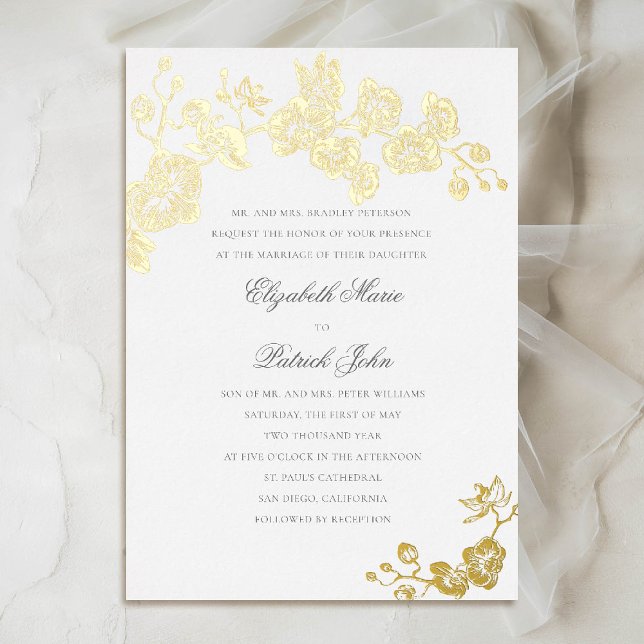 Invitación Con Relieve Metalizado Orquídea Clásica Formal Heirloom Boda Blanco Puro (orchid wedding invitation formal modern classic traditional black tie parents host gold foil white)