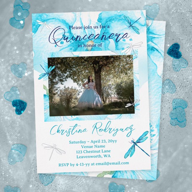 Invitación Con Relieve Metalizado Orquídea de acuarela turquesa Quinceanera (Turquoise and white quinceanera invitation, silver foil dragonflies, cyan, aquamarine orchid flower)