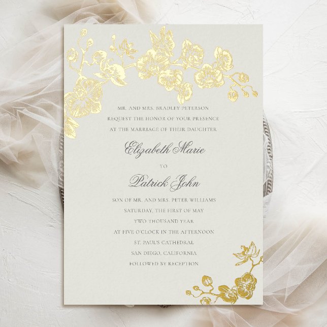 Invitación Con Relieve Metalizado Orquídea Formal Clásica Heirloom Ecru Art Boda (orchid wedding invitation formal modern classic traditional black tie parents host gold foil ecru)