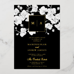 Invitación Con Relieve Metalizado Orquídea Formal Moderna Monograma Negro Boda