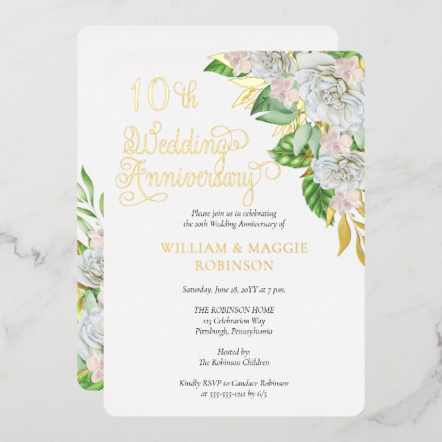 Invitación Con Relieve Metalizado Orquídea Rosa Blanca Boda Fiesta del décimo aniver (Anverso/Reverso)