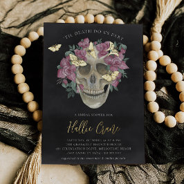 Invitación Con Relieve Metalizado Orquídea Rosa Cráneo Floral Halloween Despedida de