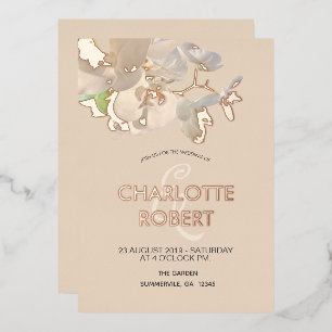 Invitación Con Relieve Metalizado Orquídeas Blancas Tropicales Boda Rose Gold
