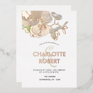 Invitación Con Relieve Metalizado Orquídeas Blancas Tropicales Rosa Hoja de Oro Boda