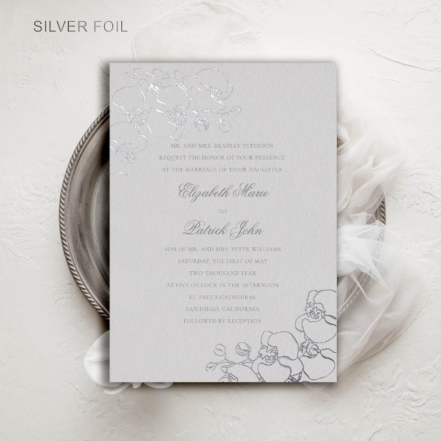 Invitación Con Relieve Metalizado Orquídeas Boda de Padres Tradicionales Formales de (orchids wedding invitation formal traditional modern classic double frame ivory silver foil)