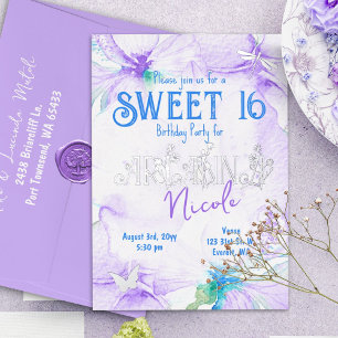 Invitación Con Relieve Metalizado Orquídeas de Acuarela Moradas Cumpleaños 16