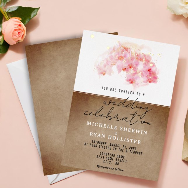 Invitación Con Relieve Metalizado Orquídeas rosas acuarela Papel antiguo Boda Oro (Subido por el creador)