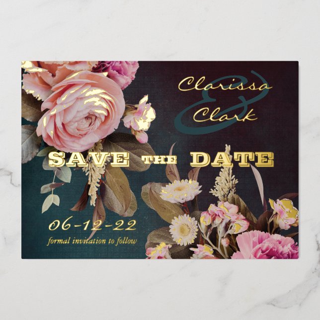 Invitación Con Relieve Metalizado Oscuro Moody Bold Floral Gold Save The Date (Anverso)