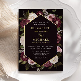 Invitación Con Relieve Metalizado Oscuro Moody Floral Borgoña Elegante Boda