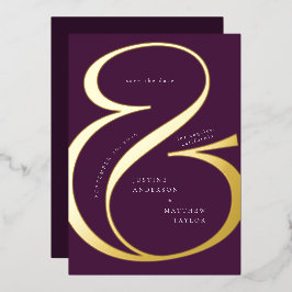 Invitación Con Relieve Metalizado Oscuro morado oro Ampersand Typography Save Date