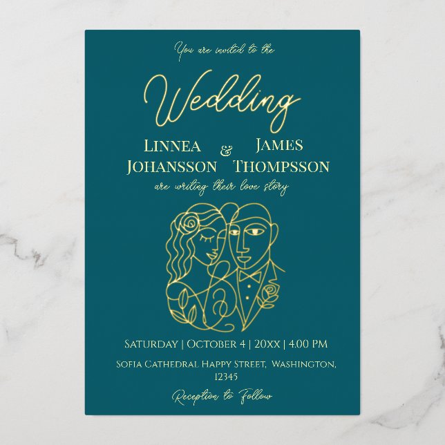 Invitación Con Relieve Metalizado Oscuro Verde azulado Golden Elegant Wedding Modern (Anverso)