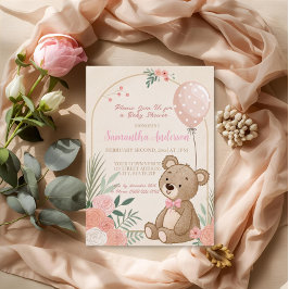 Invitación Con Relieve Metalizado Osito Globo Bebé Boho Rosa Polvoriento