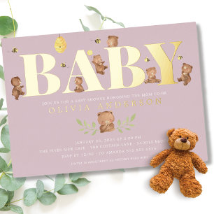 Invitación Con Relieve Metalizado Oso de Miel de Lavanda Baby Shower