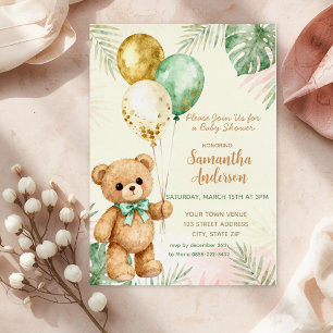 Invitación Con Relieve Metalizado Oso de peluche marrón Verde salvia Globos Baby Sho