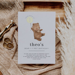 Invitación Con Relieve Metalizado Oso de peluche primer cumpleaños oro