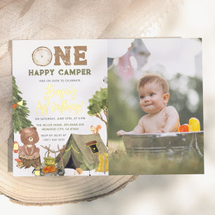 Invitación Con Relieve Metalizado Oso Feliz Campista Brillante Uno Foto Niño Cumplea