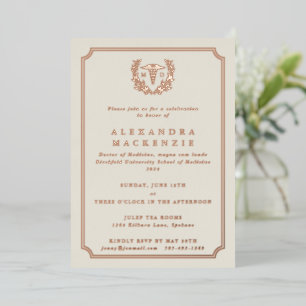 Invitación Con Relieve Metalizado Ostra MD Caduceo+ Corona de Laurel Graduación